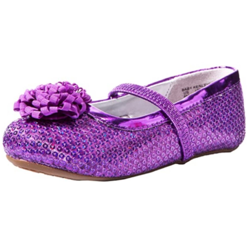 NEW Stride Rite Kid Kenleigh Purple Metallic Puff Pom Sequin Dress Shoe Flat
